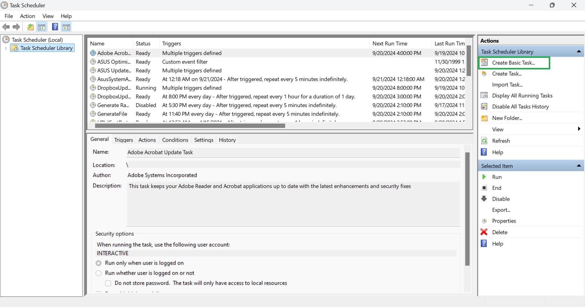 Windows task scheduler modal