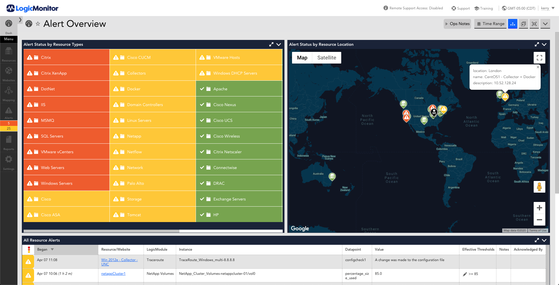 This dashboard provides an overview of Alerts. The metrics displayed are status by resource type, geolocation of resource groups and a listing of all alerts.