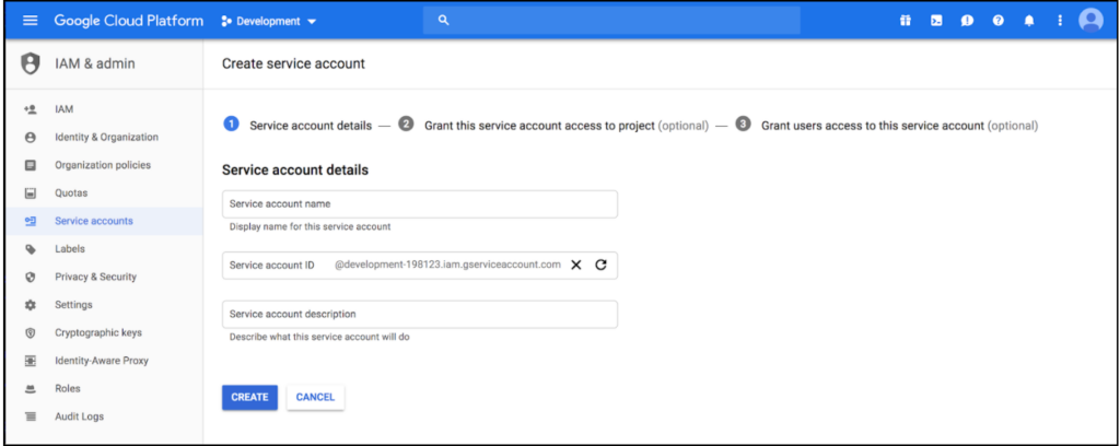 GCP service account page