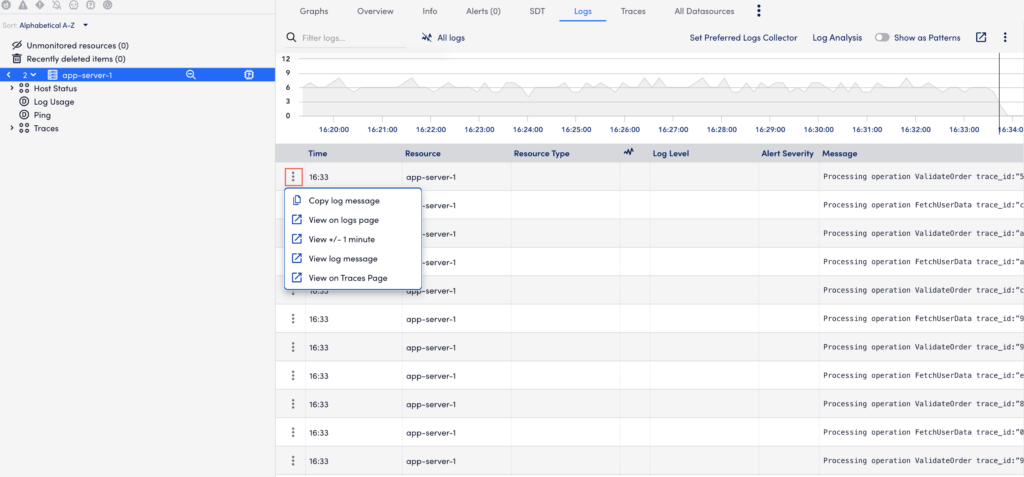 Logs tab with View on traces tab option