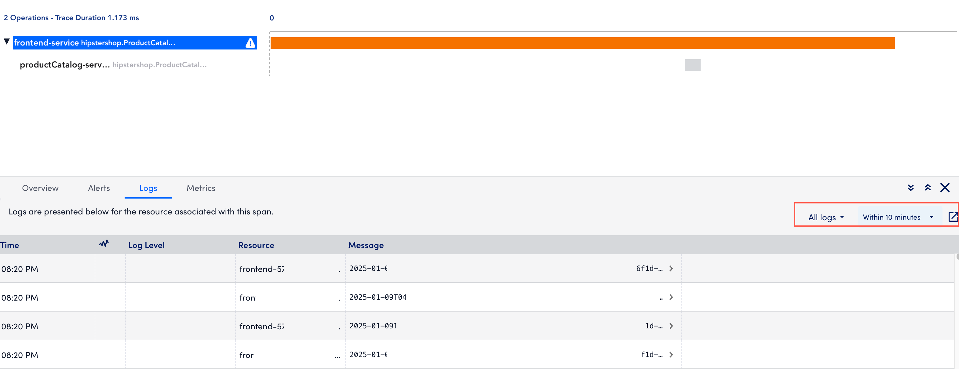 trace log correlation details panel