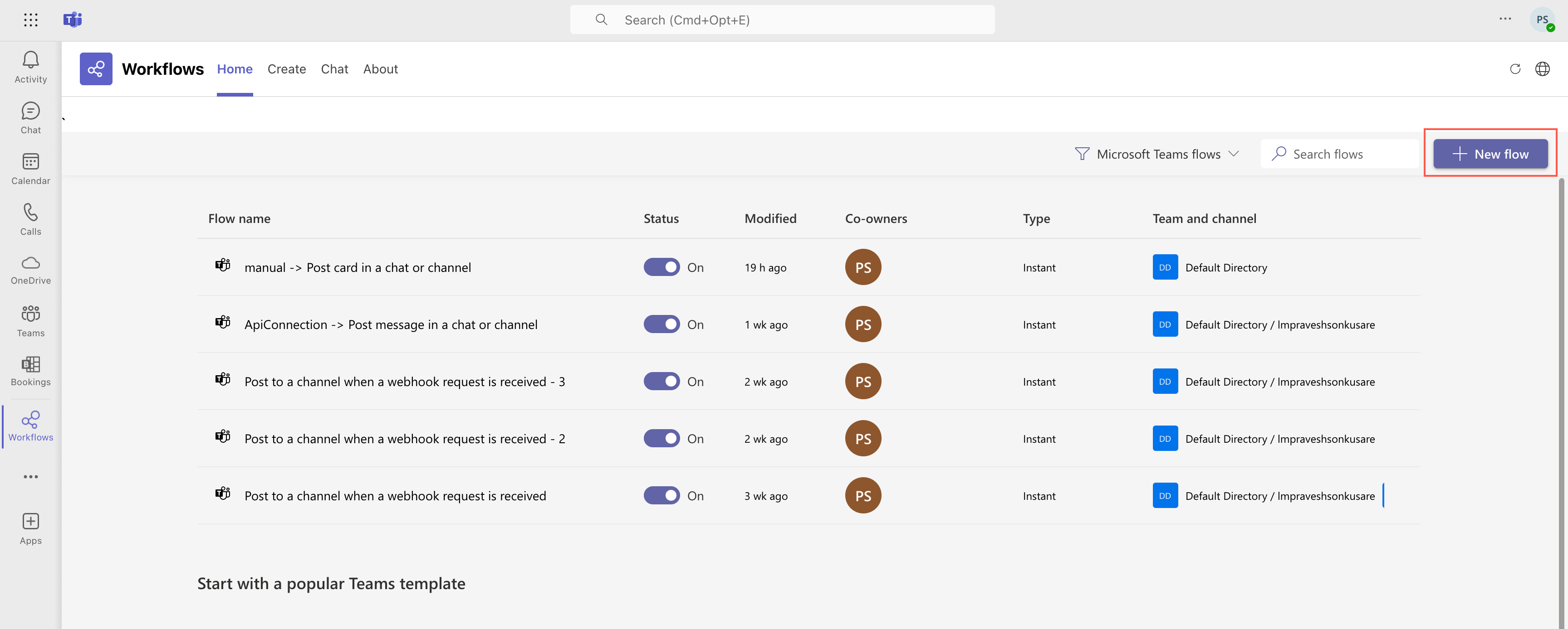 MS Teams create new flow