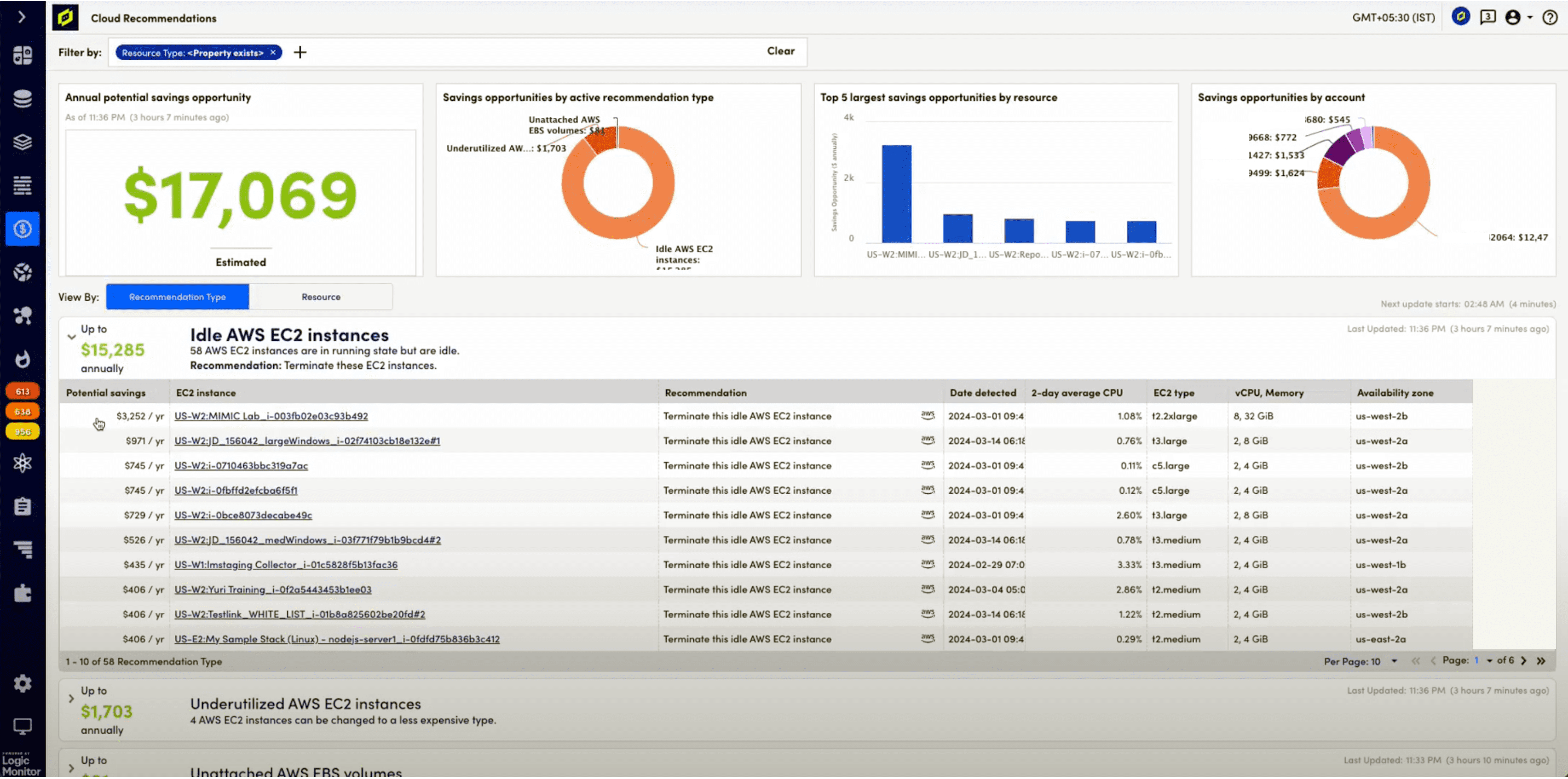 Cloud recommendations clickable links EC2