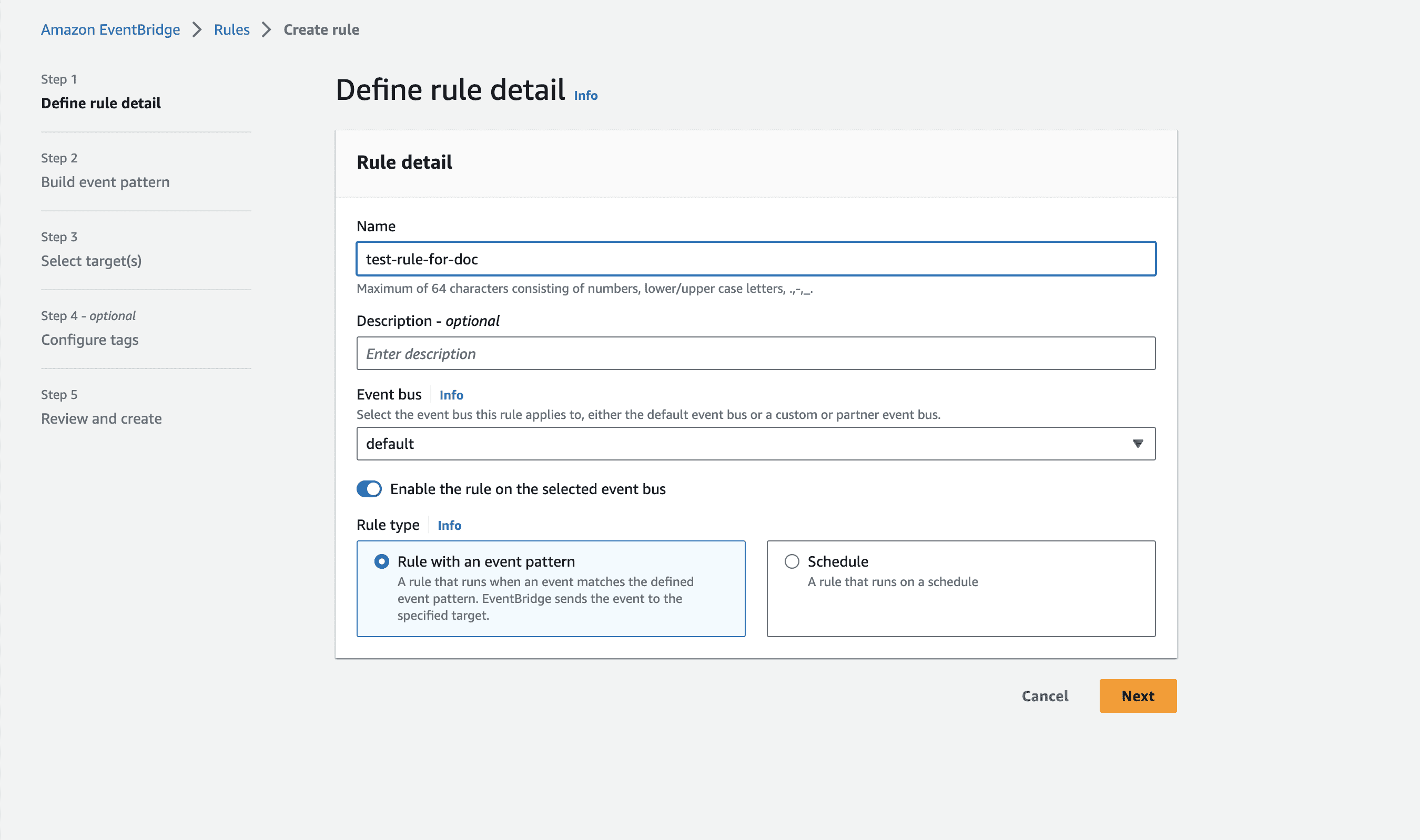 AWS define rule page