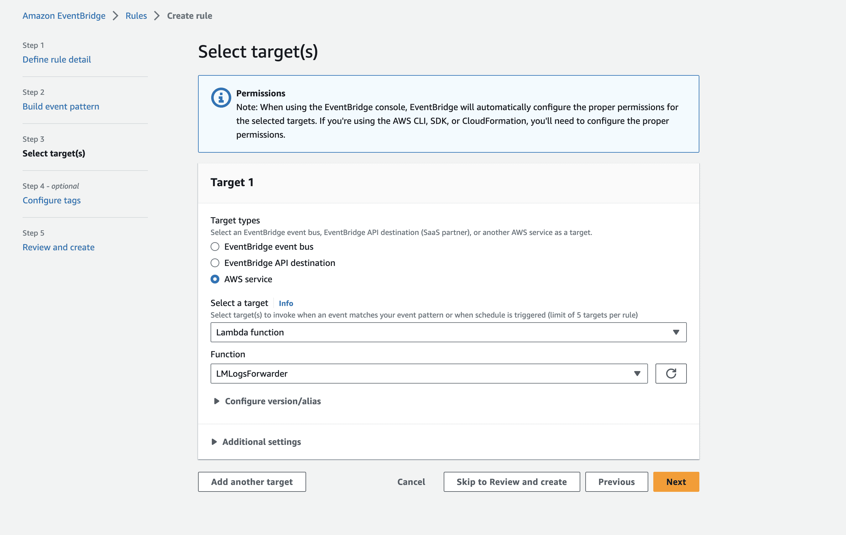 AWS select targets page