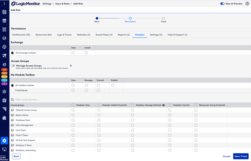 Modules role permissions page