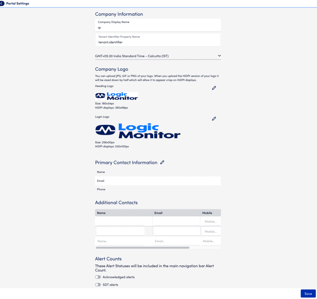 Portal setting page