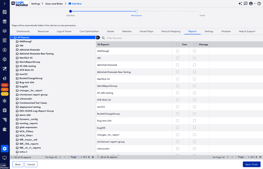 Report roles permissions page