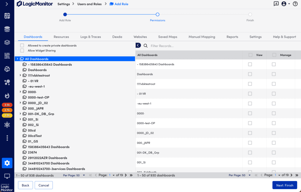 Dashboard role permissions page