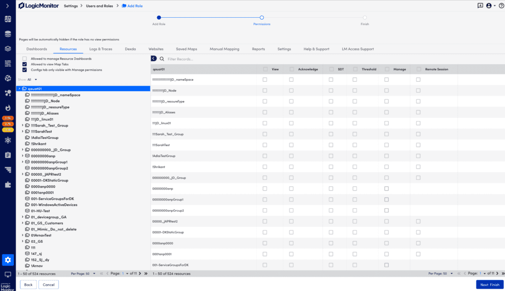 Resources roles permissions page