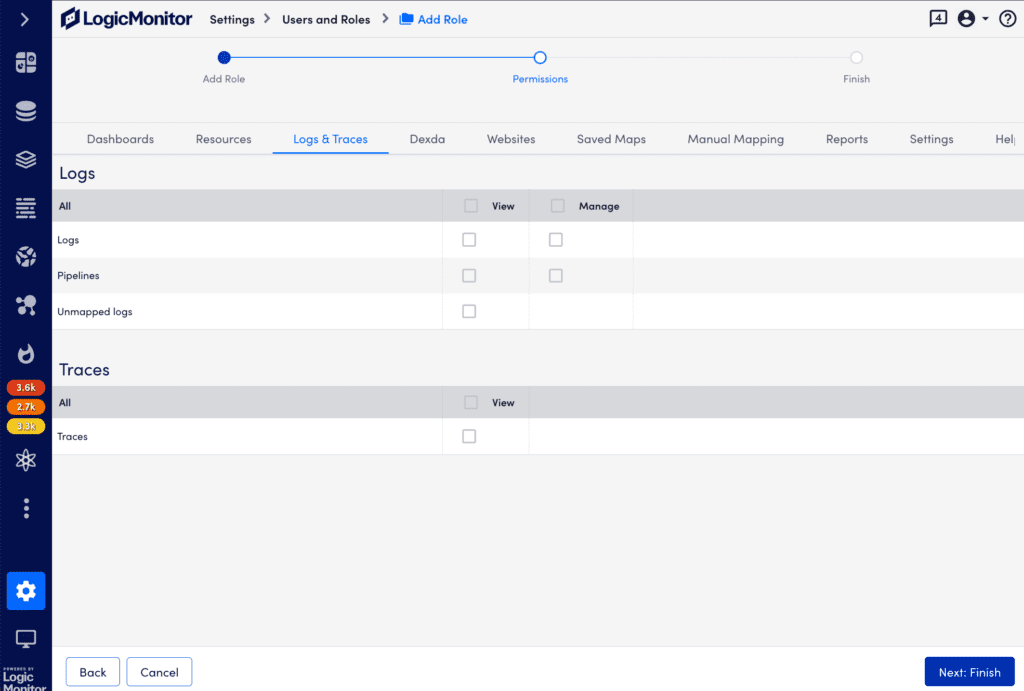 Logs and traces roles permissions page