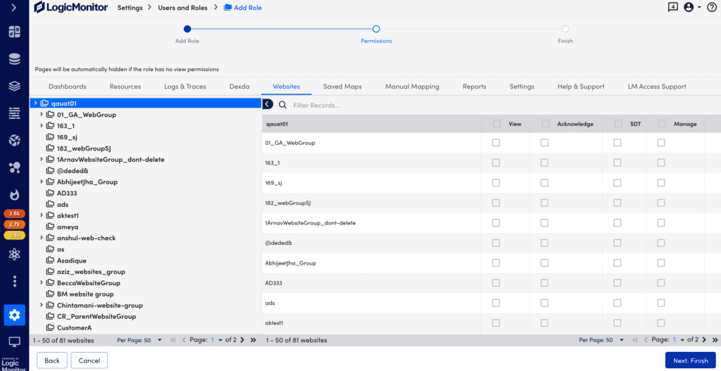 Websites roles permissions page