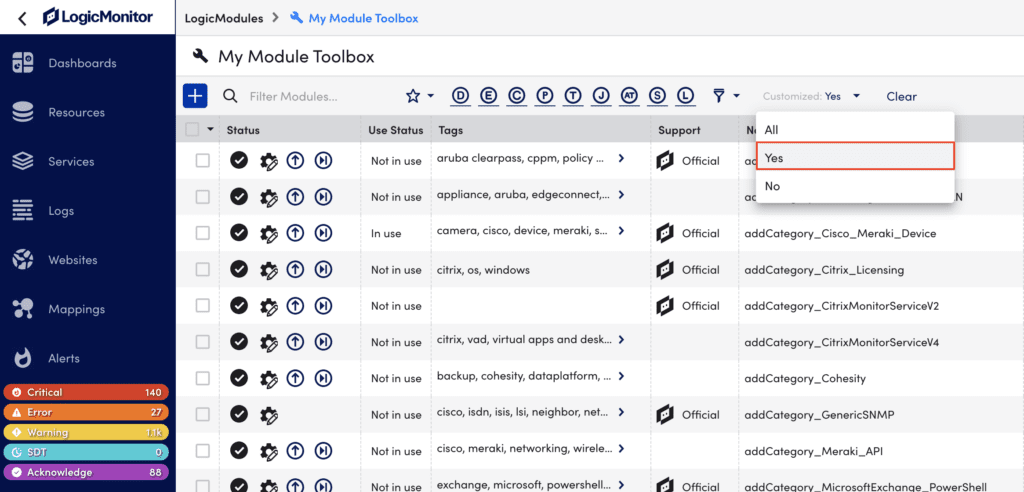 Support filter for My Module toolbox page