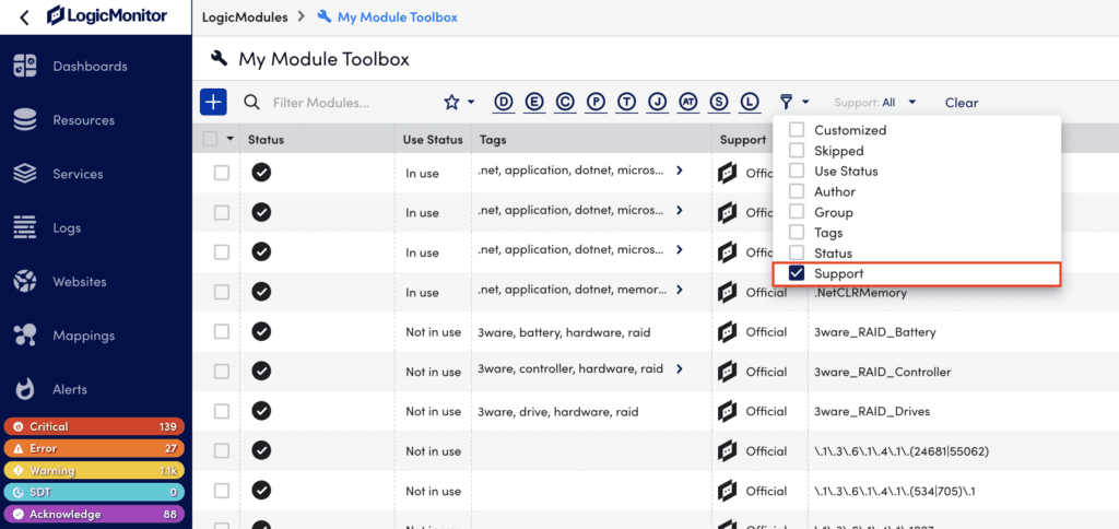 support options for My Module toolbox page