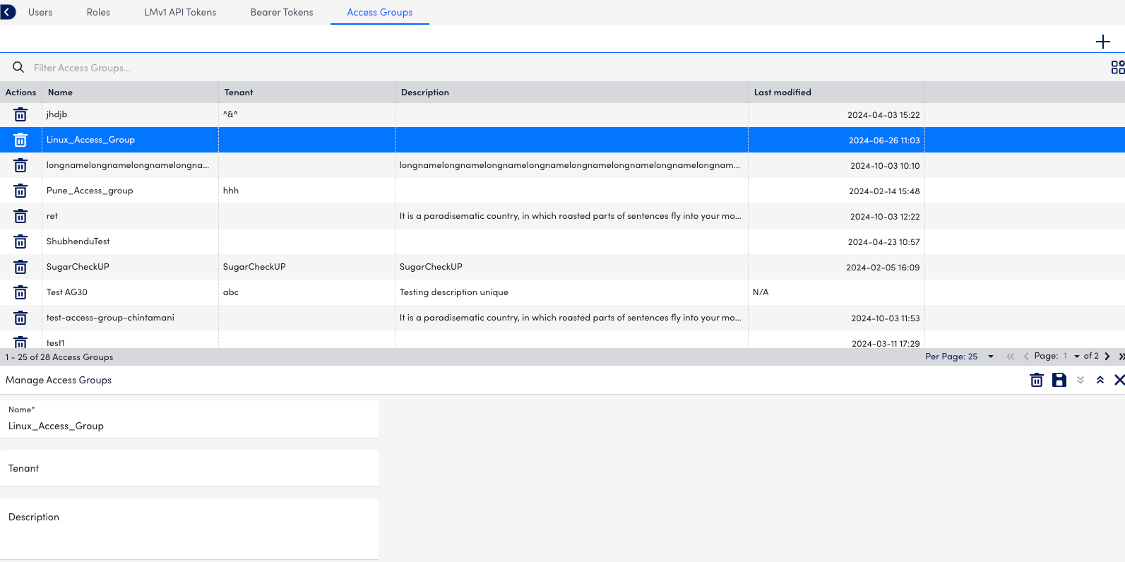 manage access groups page