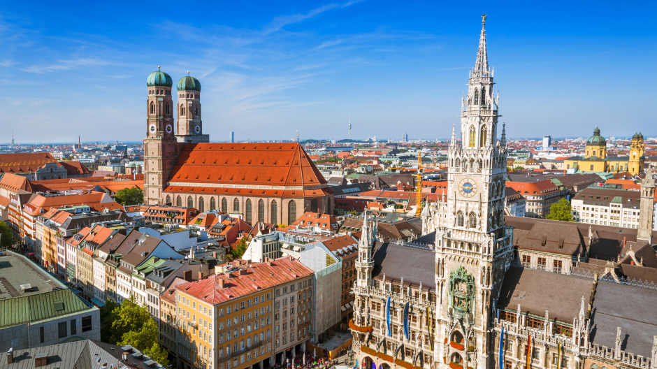 A view of Munich old town on a sunny day with blue skies