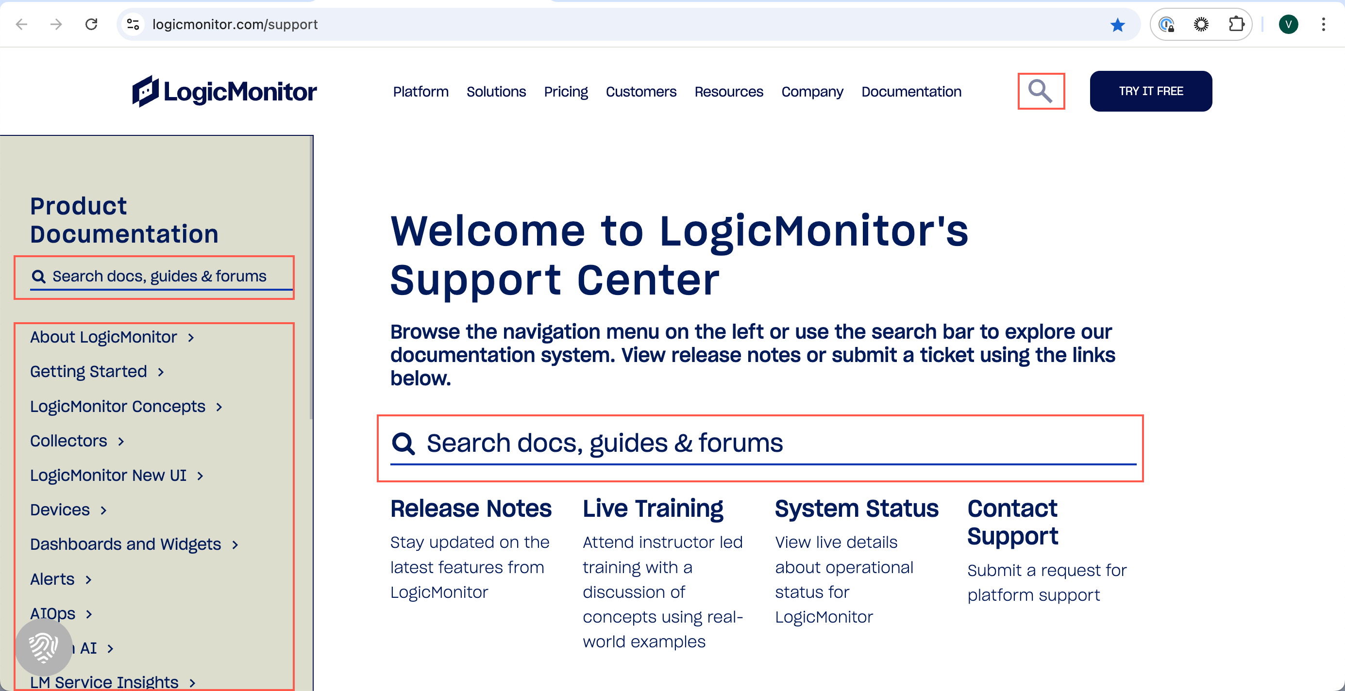 Search options on LogicMonitor support center