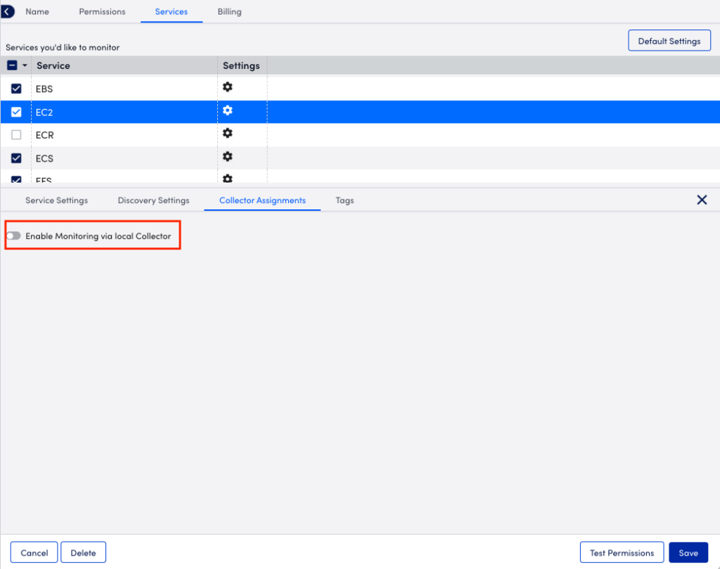 Collector configuration page showing EC2 selected with an option for enabling monitoring for a local collector.