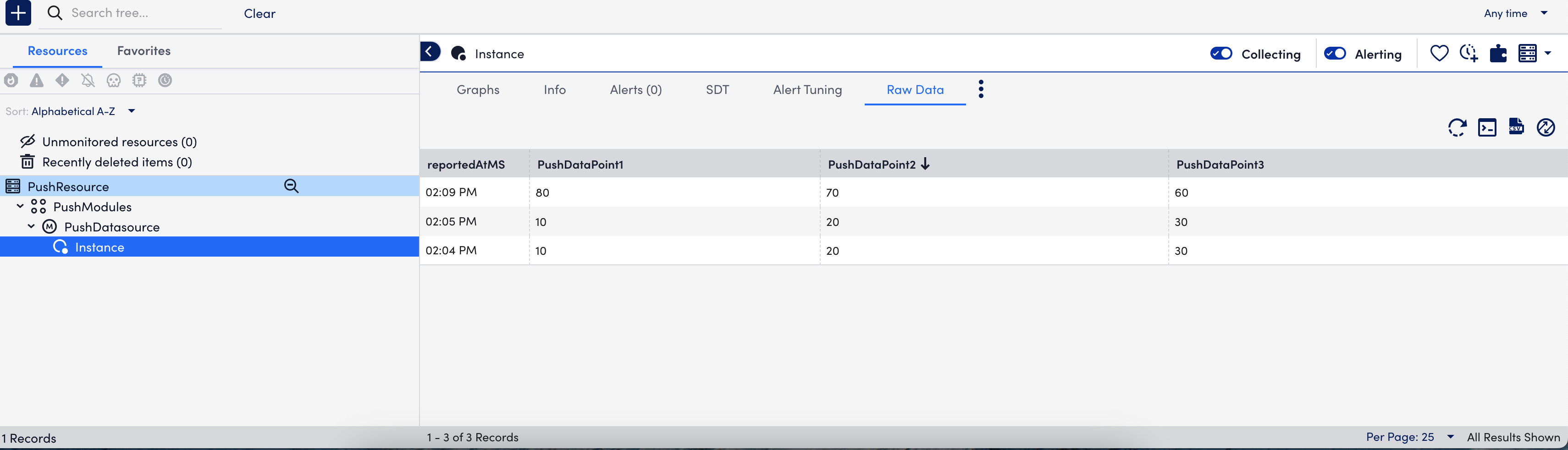 Push Metrics resource with Raw Data tab