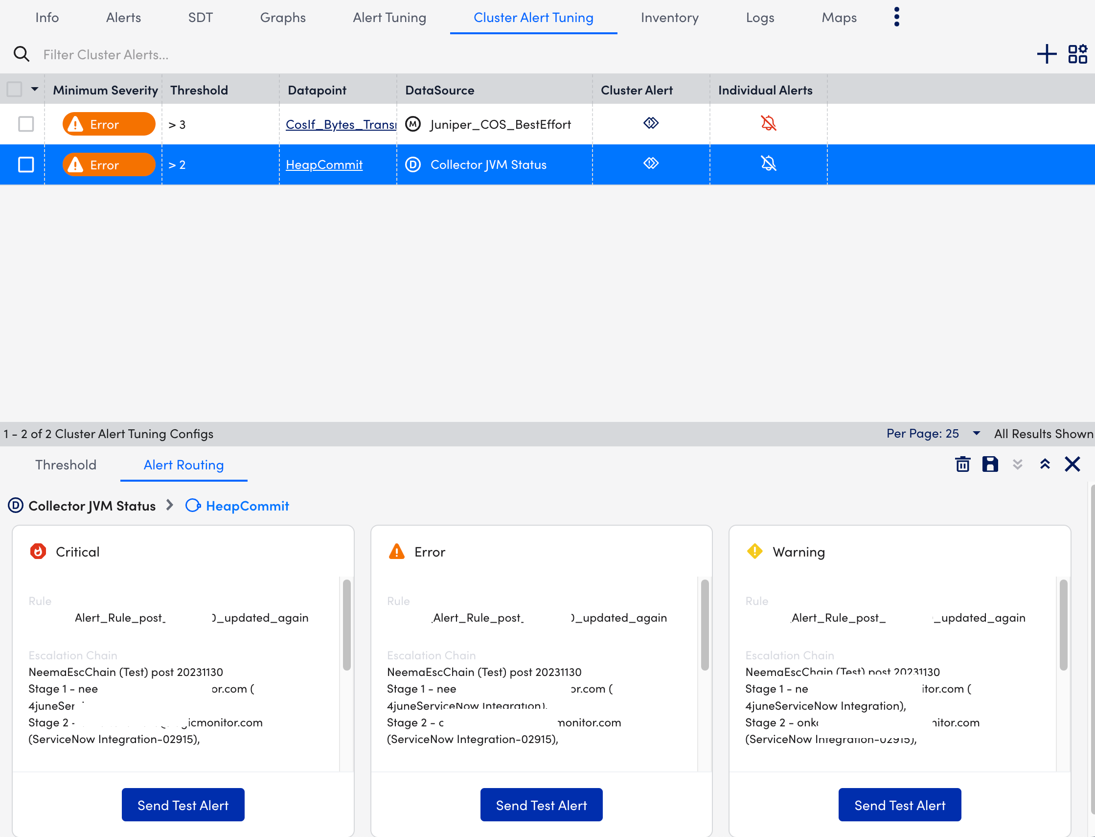 Alert routing details panel with send test alert option