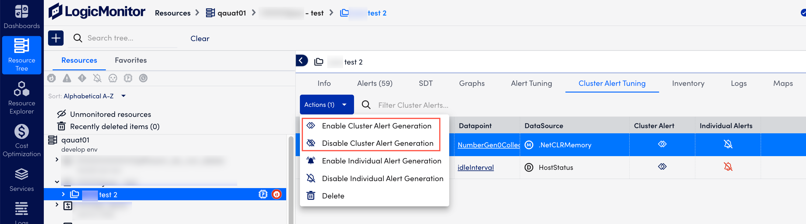 action menu for enabling or disabling cluster alert