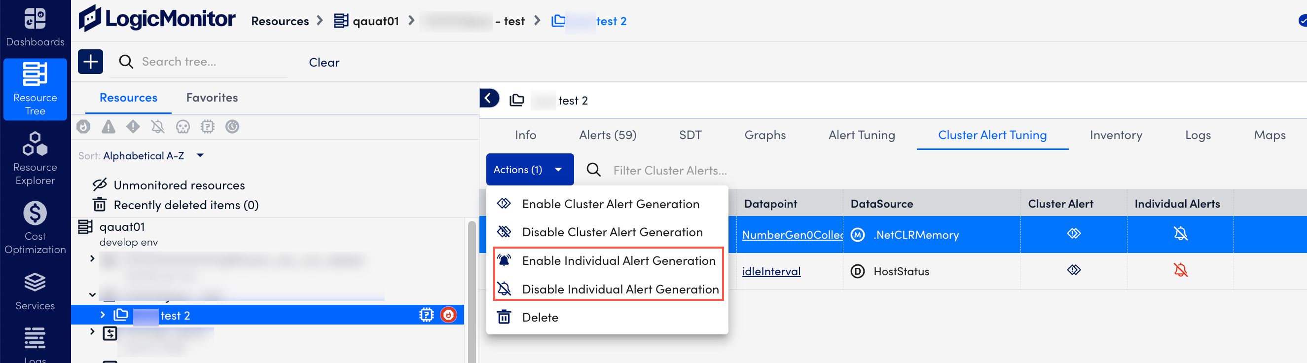 action menu to enable or disable individual datapoint alert