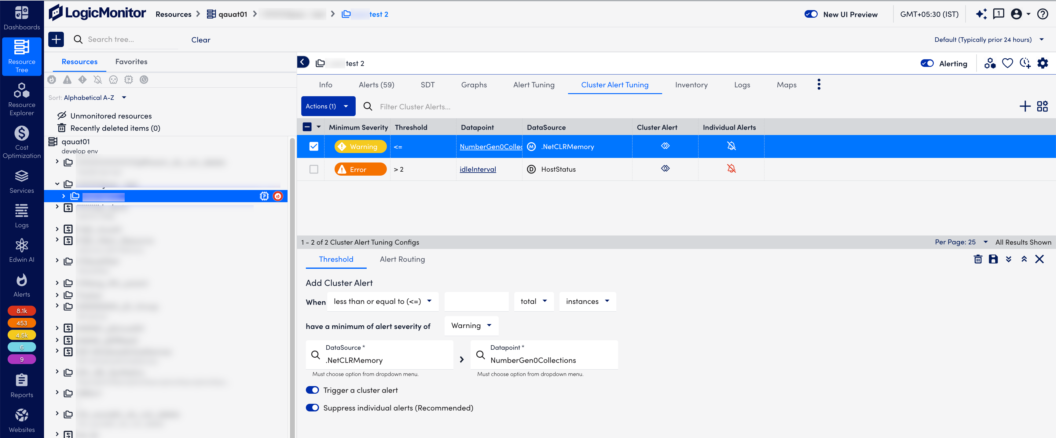 cluster alert tuning configuration panel