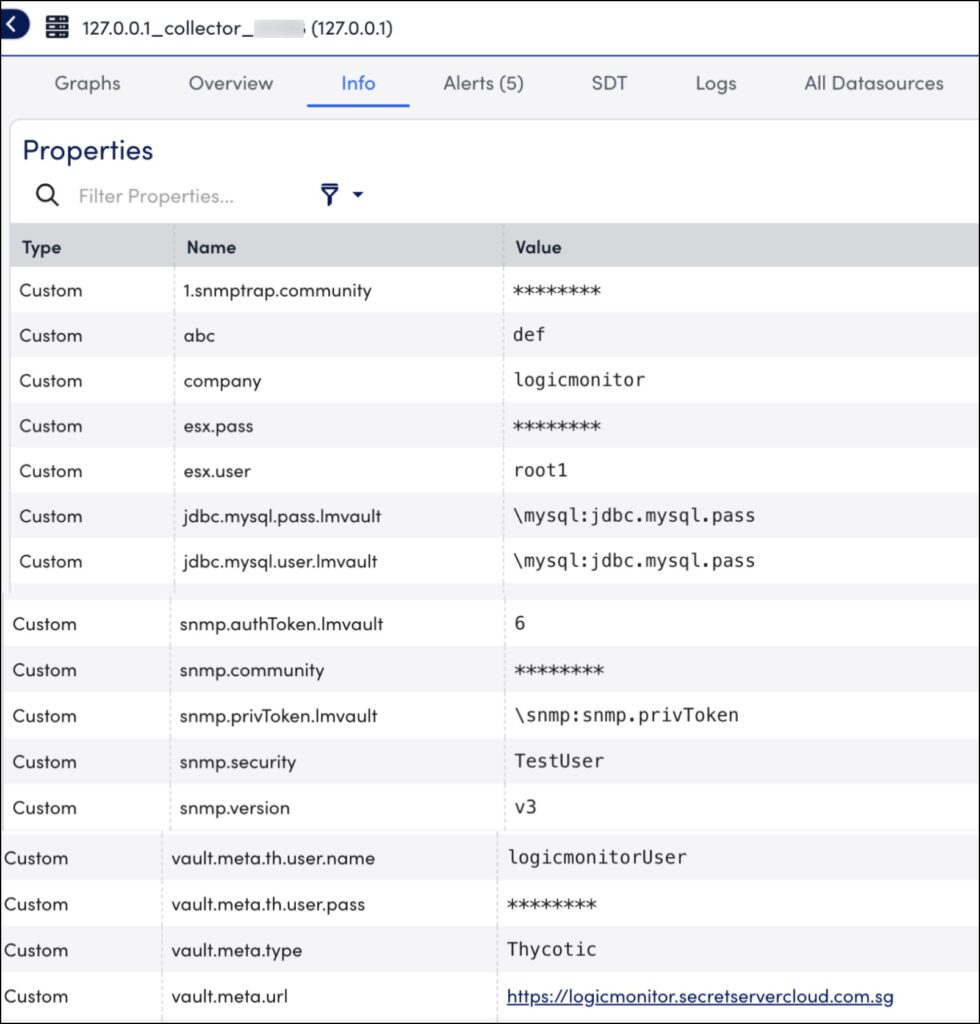 Collector Info page with vault properties