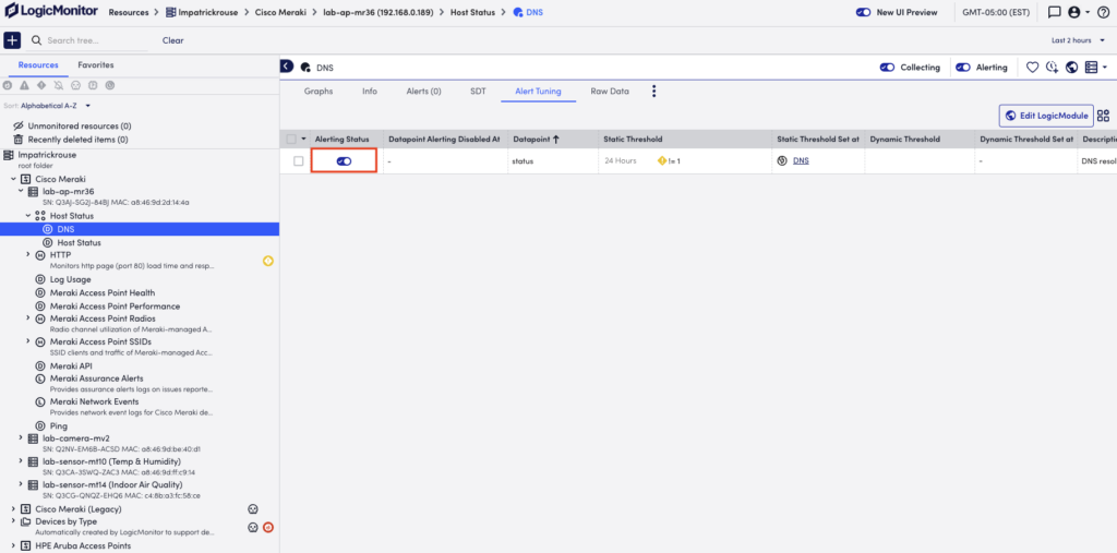 Alerting status column and switch located at the datapoint level.